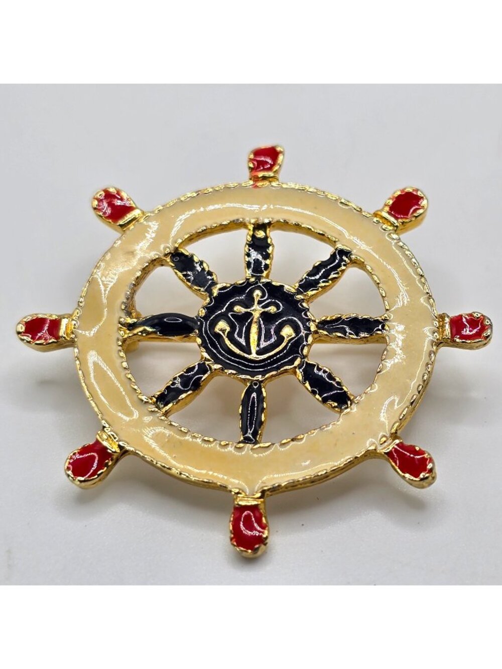 Nautical Ship Wheel Brooch M Jent Red  White Blue Anchor Sailing Signed Sailor
